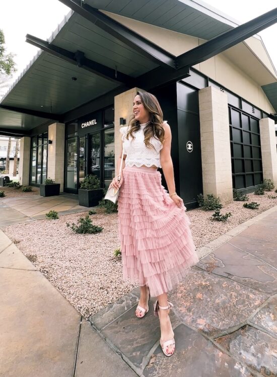 pink tulle skirt with white crop top