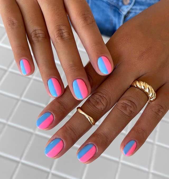 pink and blue color block nail design for summer