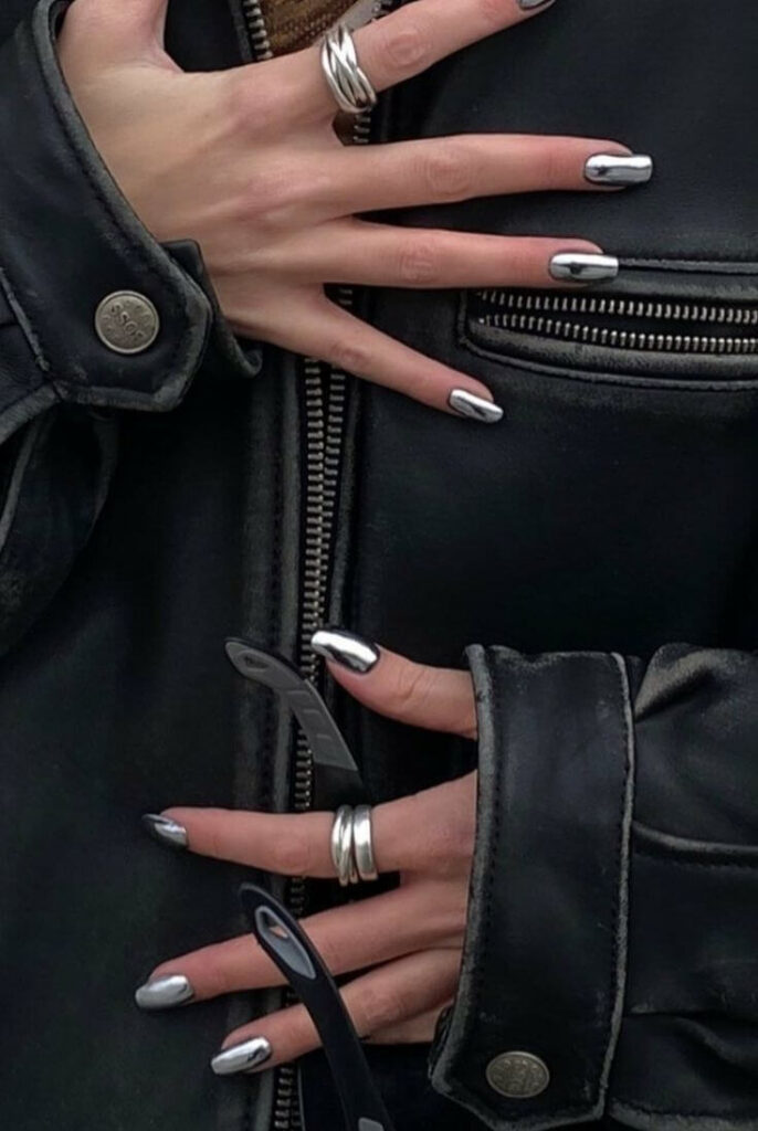silver metallic nail design inspo for summer