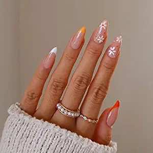 Amazon press on nails orange with floral details