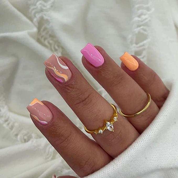Pink and Orange square tip acrylic press on nails for summer from amazon
