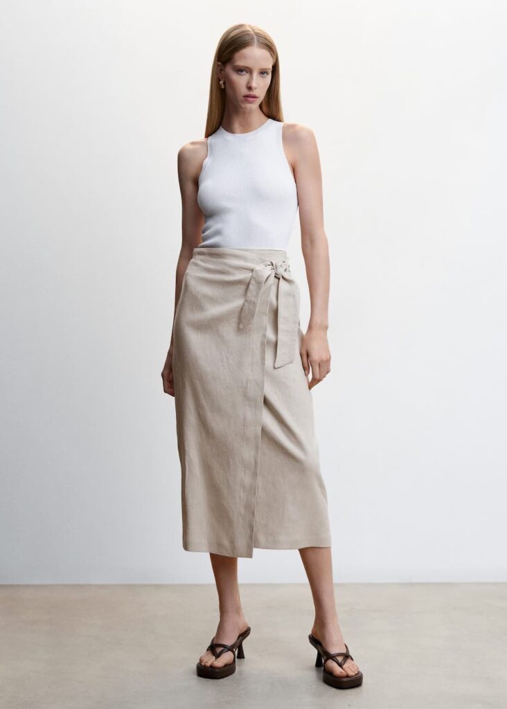 linin maxi skirt with white tank top 