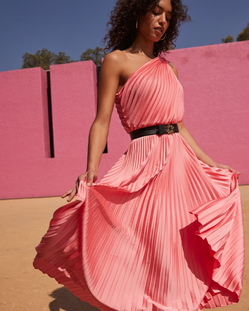 pleated pink wedding guest dress