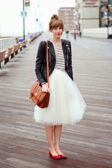 tulle skirt with ballet flats and leather jacket
