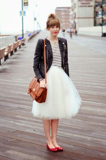 tulle skirt with ballet flats and leather jacket