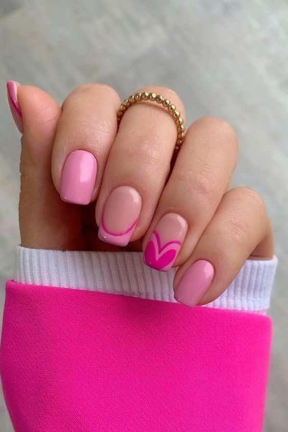 pink french tips with heart detail