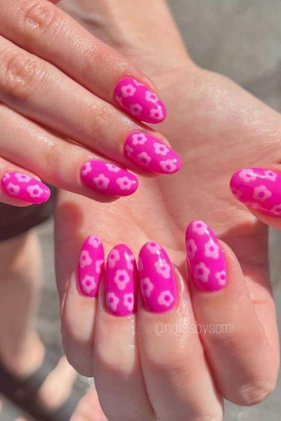pink barbie floral nail design