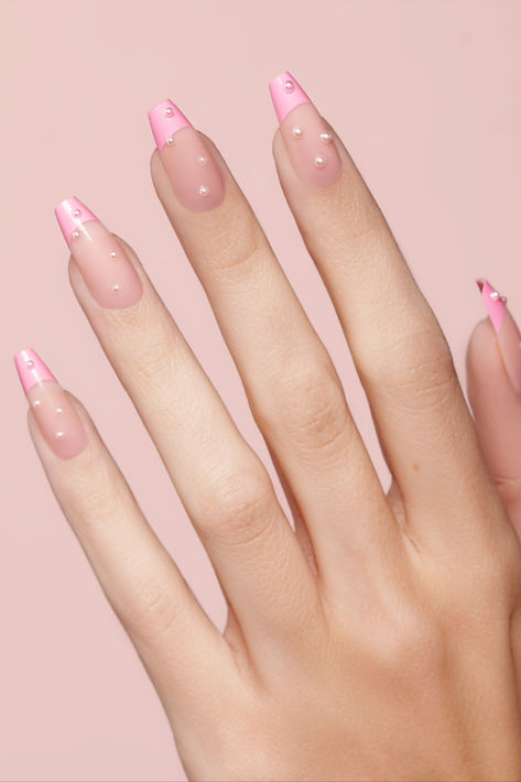 pink barbie french tip nails with pearl detail