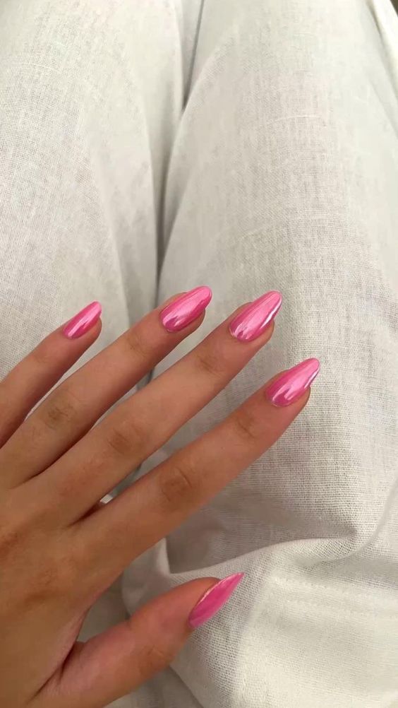 classic barbie pink chrome nails