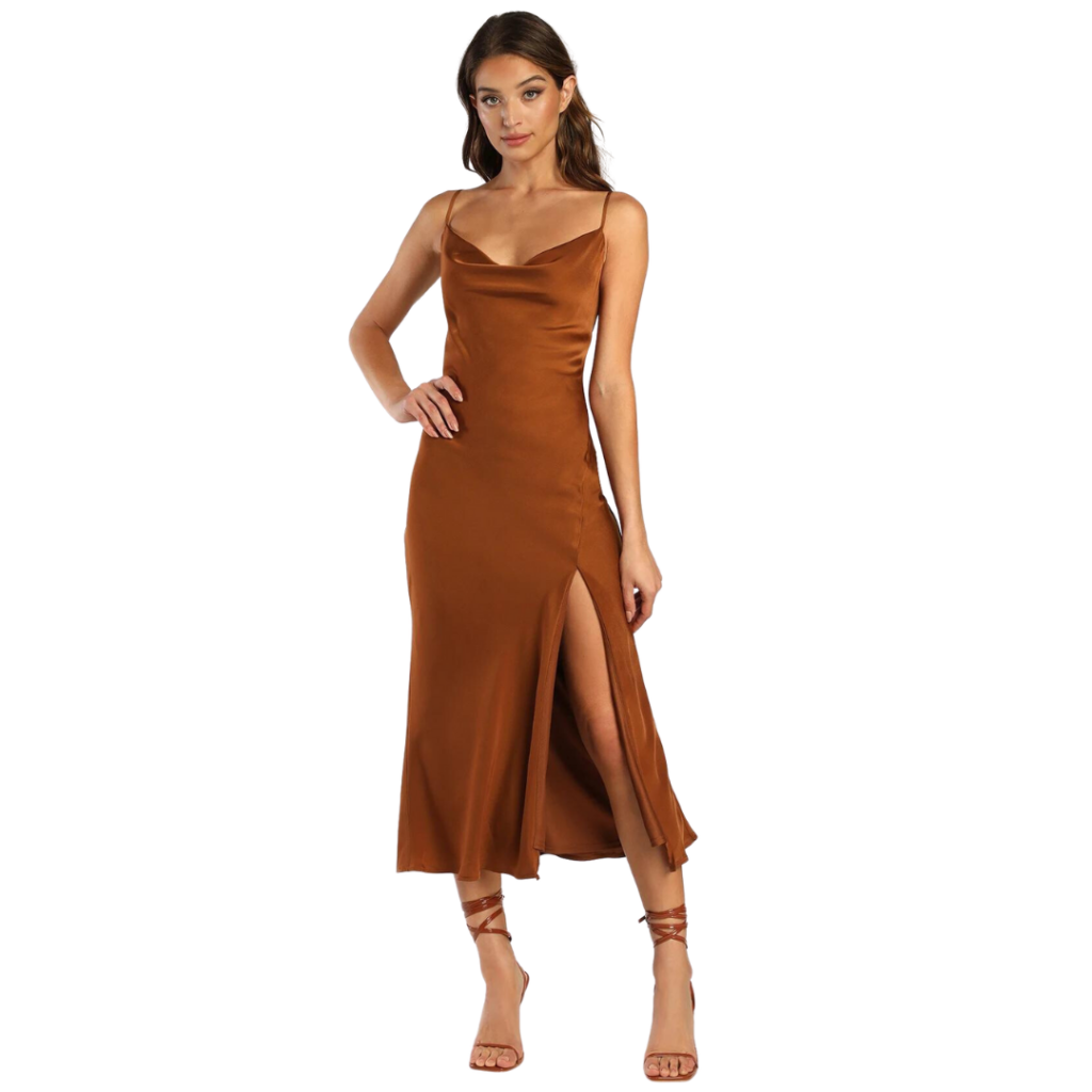 brown satin cowl neck dress 