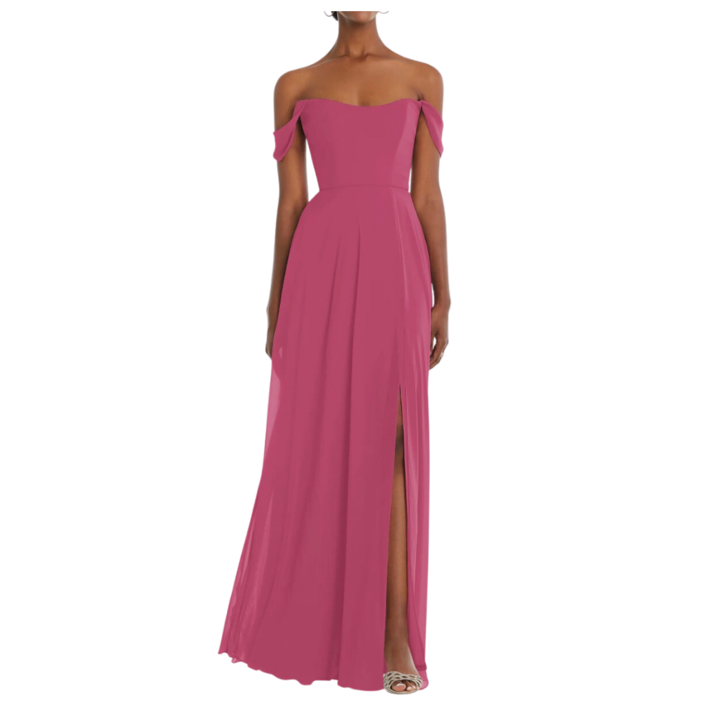 pink off shoulder bridesmaid dress 