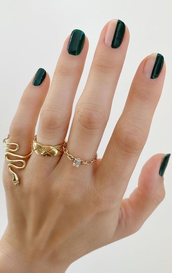 green asymmetrical  nail design idea for fall
