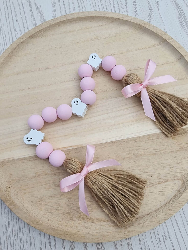 halloween wood bead garland pink with ghosts