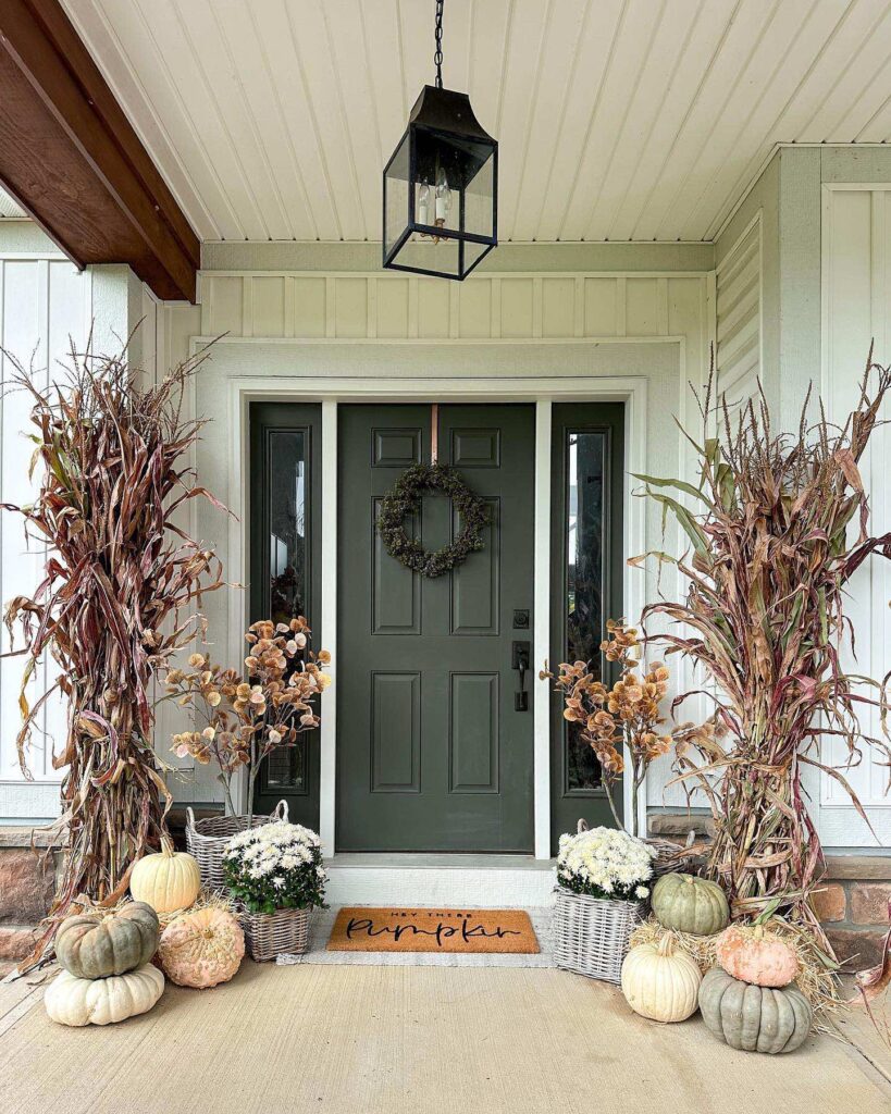 fall front door decor idea dark green and neutral