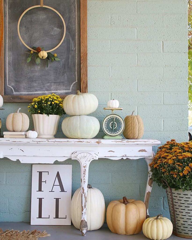 soft green neutral fall front door decor