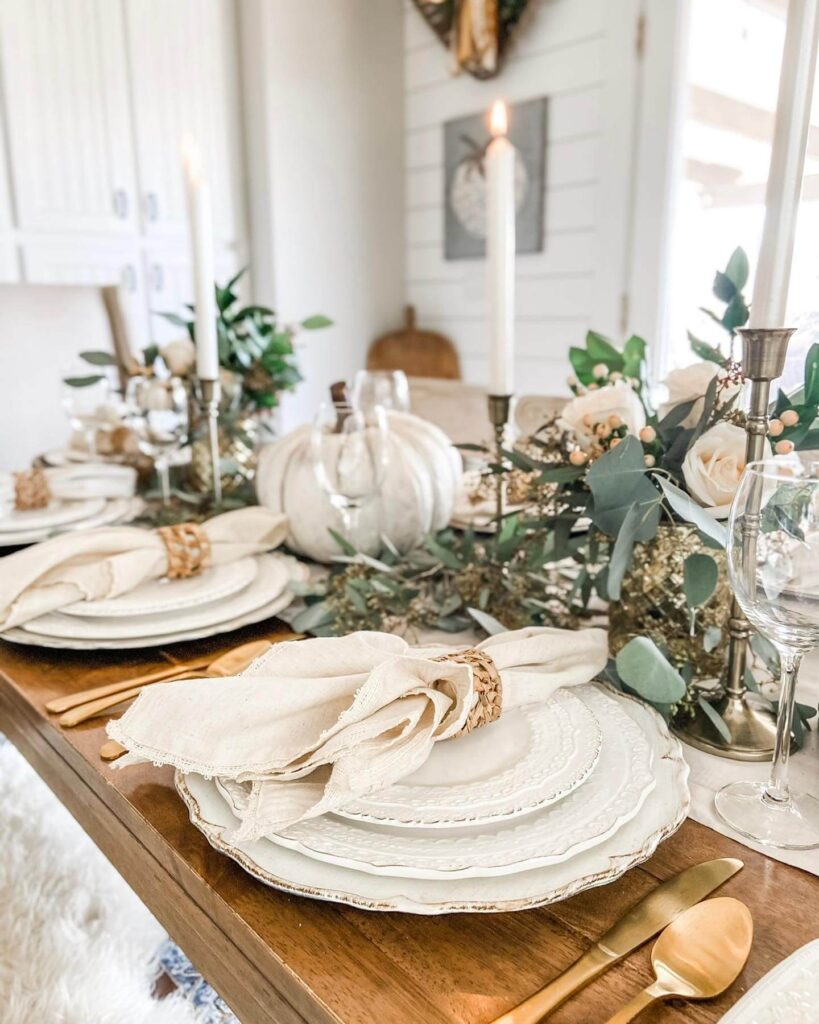 neutral thanksgiving tablescape idea in white, green, and gold