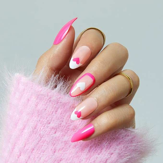 pink valentine's day nail ideas with hearts