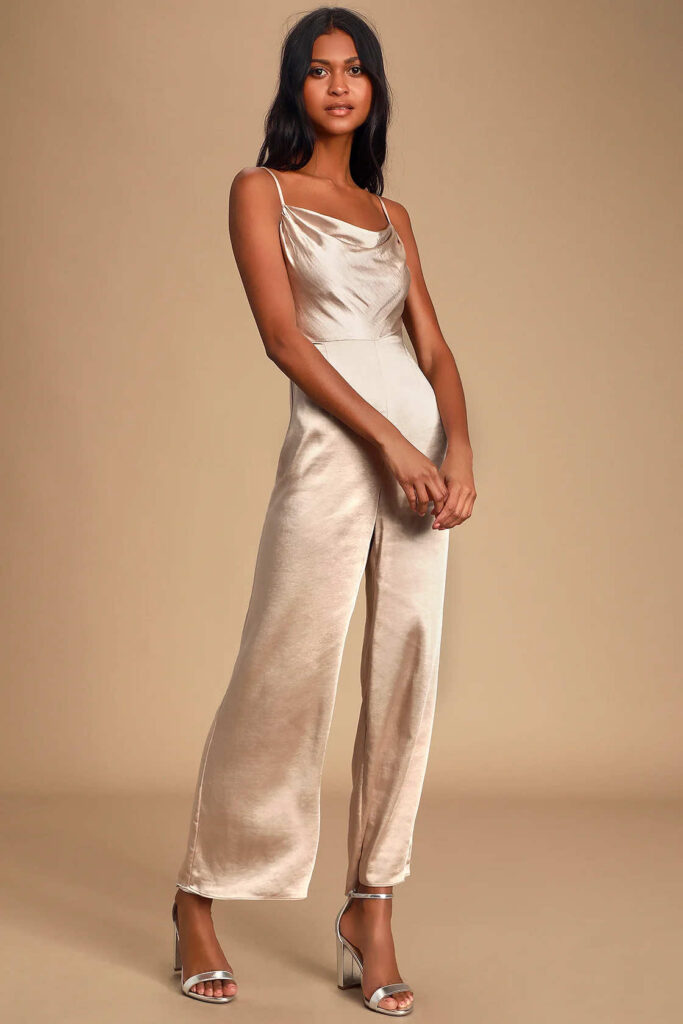 champagne jumpsuit from lulu's for oscar party outfit