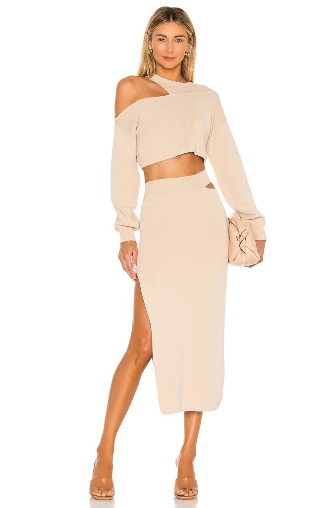 revolve beige crop top skirt set