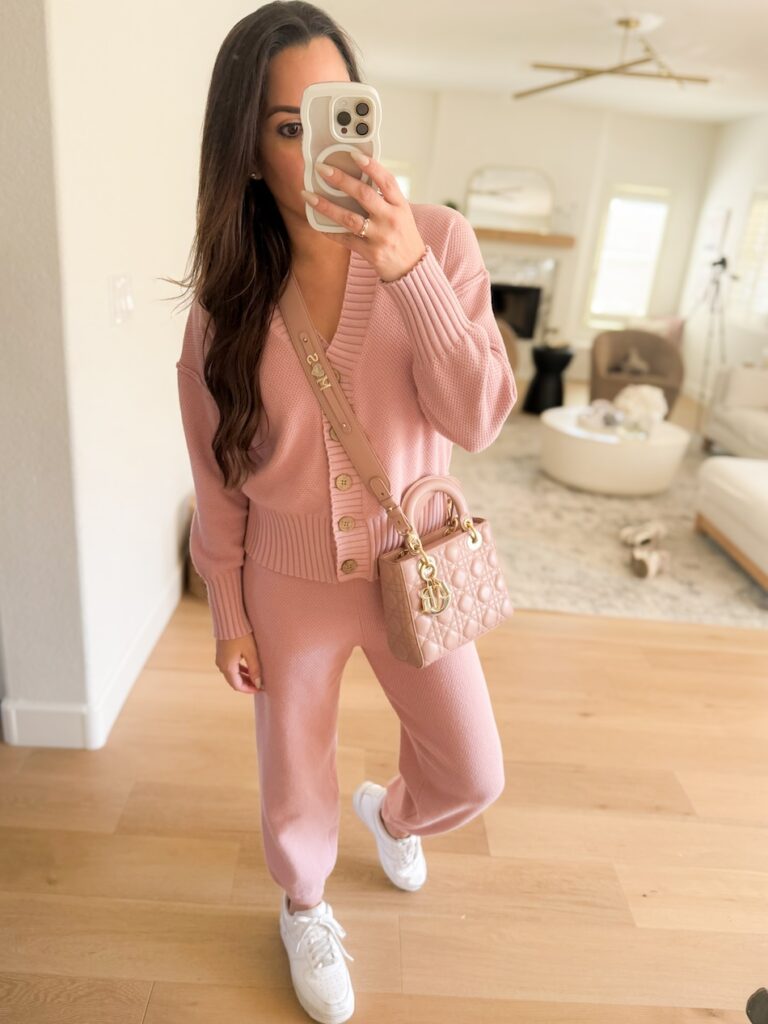 best amazon lounge set pink ribbed cardigan outfit