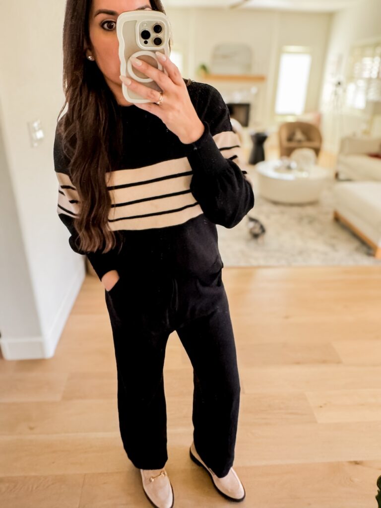 black and beige striped amazon loungewear set