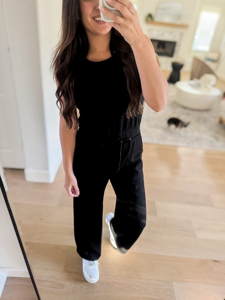 black wide leg sleeveless jumpsuit