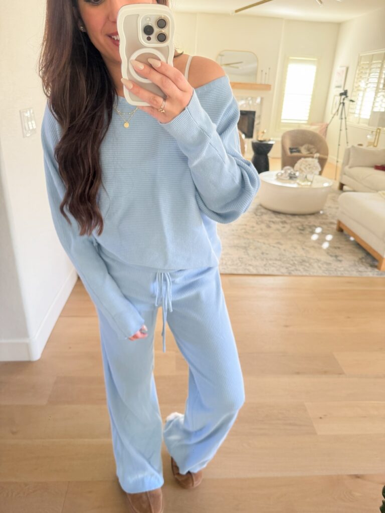 ribbed blue cozy knit lounge set