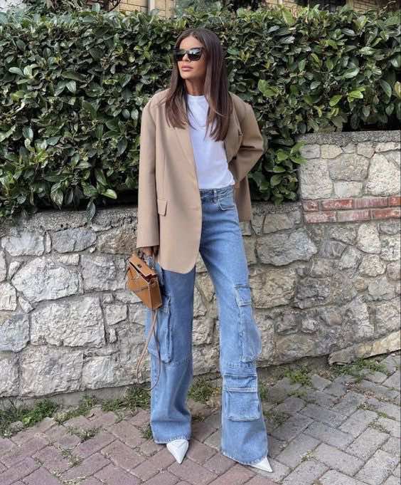 cute denim cargo pants outfit formal