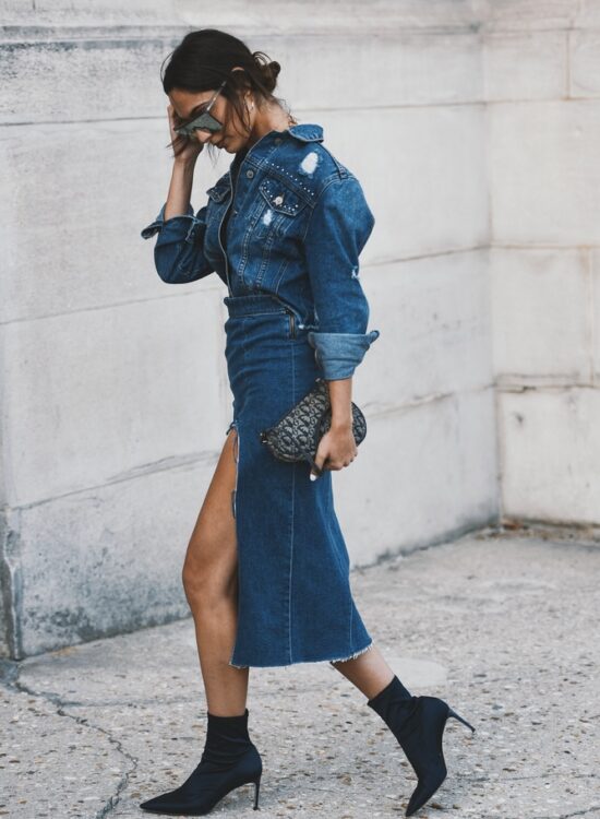 denim top with denim skirt and boots outfit