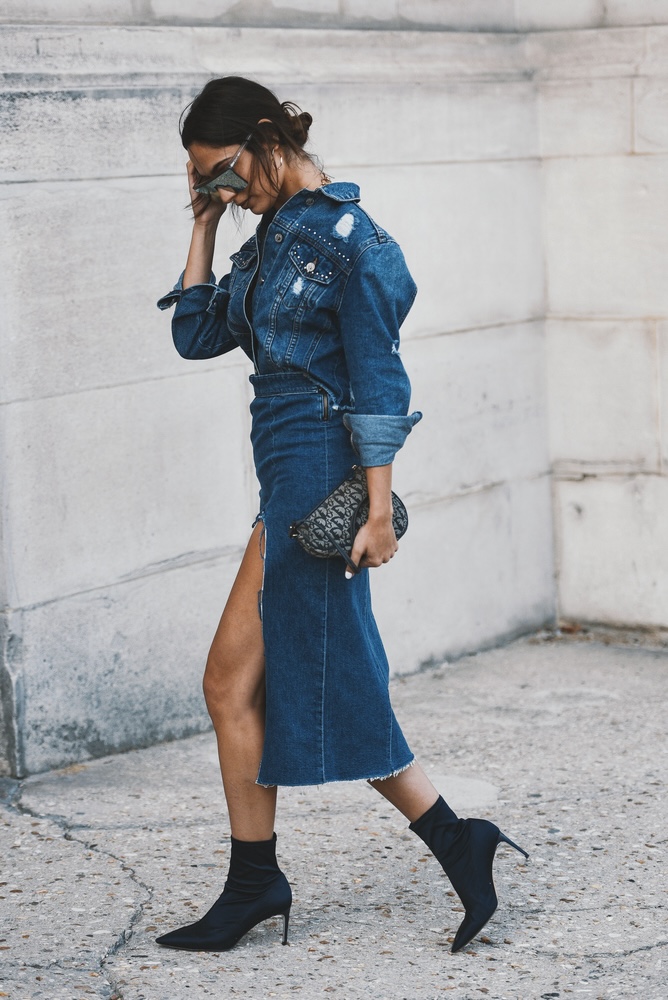 denim top with denim skirt and boots outfit