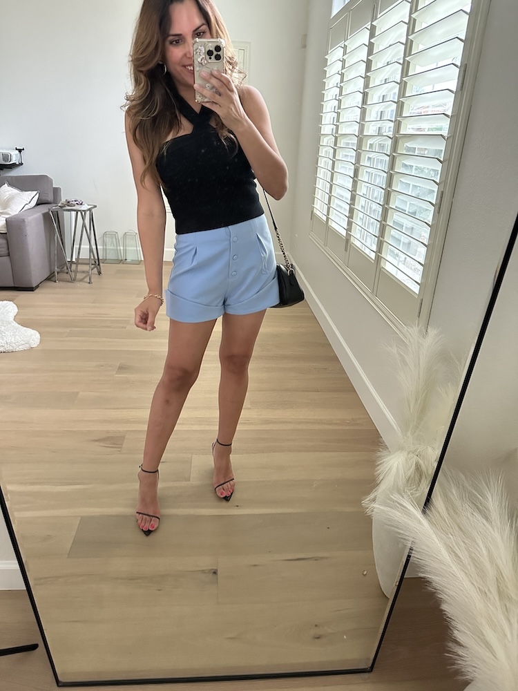 light blue shorts with black knit halter
