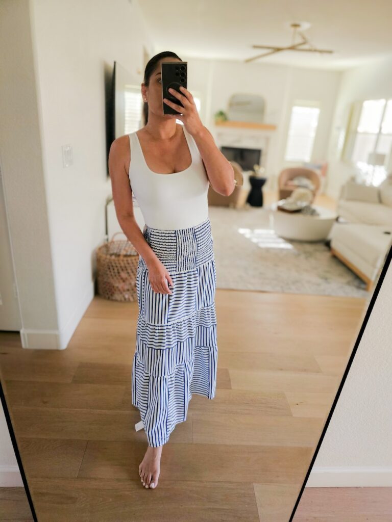 blue white striped maxi skirt
