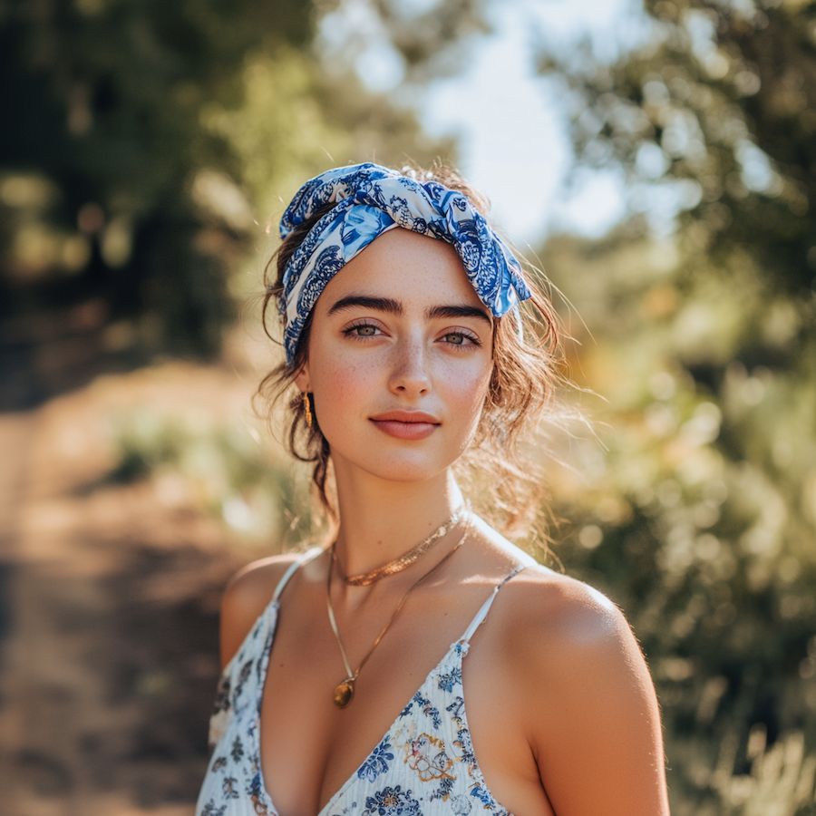 woman wearing blue and white scarf as a headband