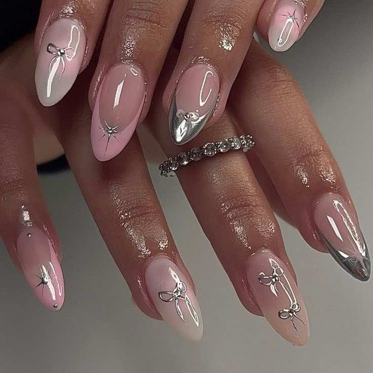 silver metallic cute bow nail inspo