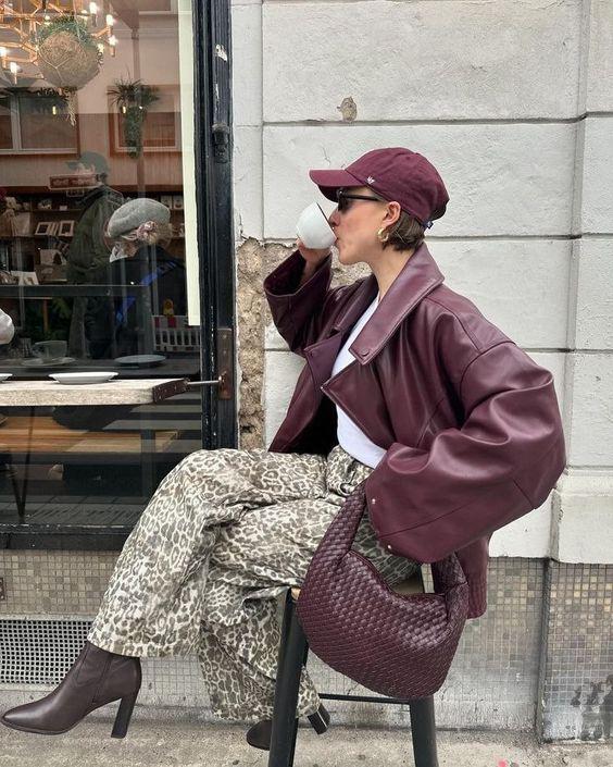 burgundy with animal print outfit