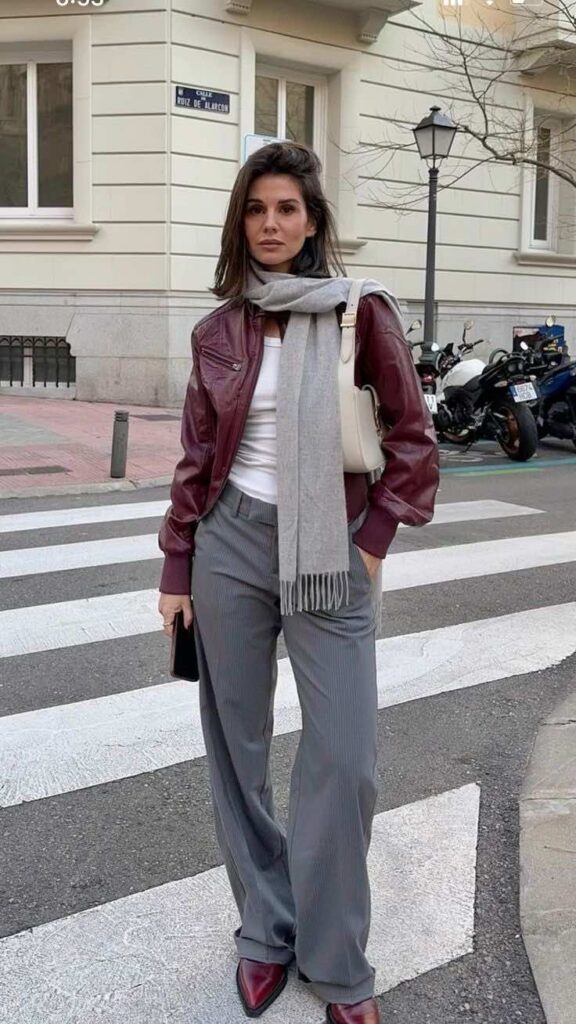 how to wear burgundy with grey