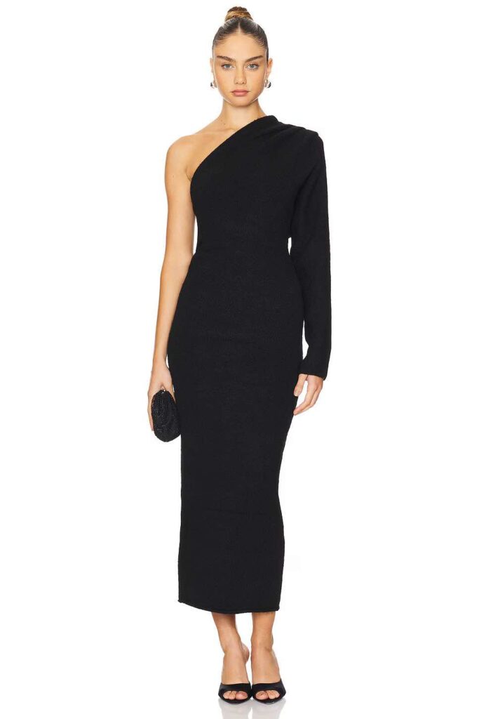 winter wedding guest dresses black one shoulder 