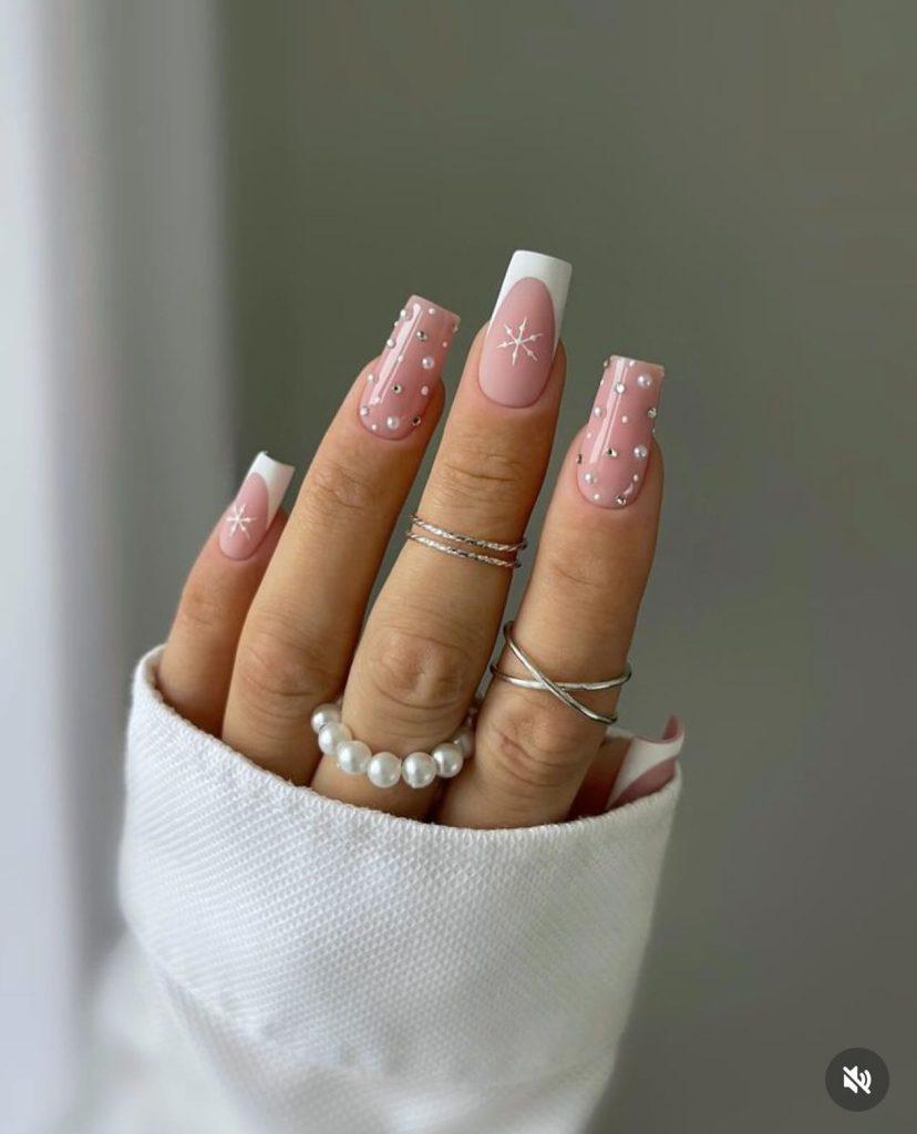 pink snowflake nail design ideas