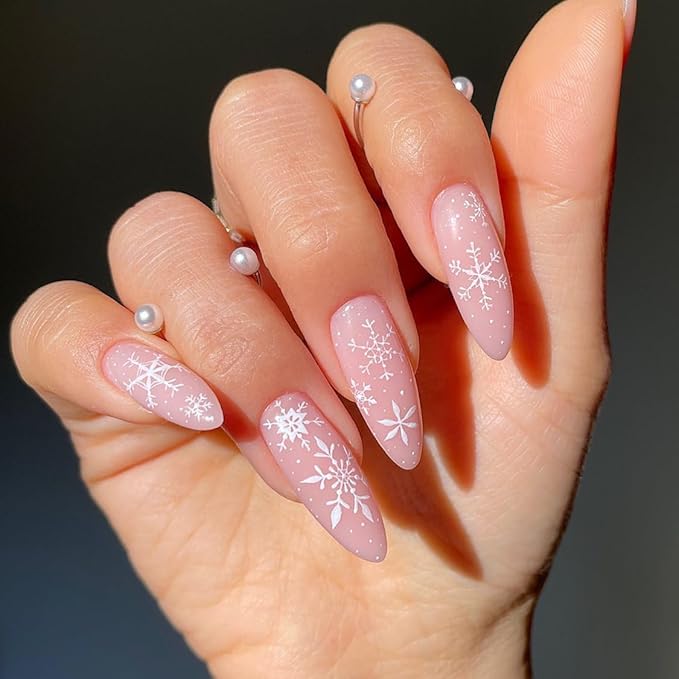 pink snowflake nail design ideas