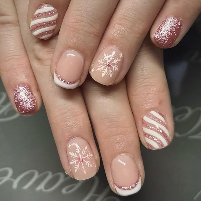 pink snowflake nail design ideas