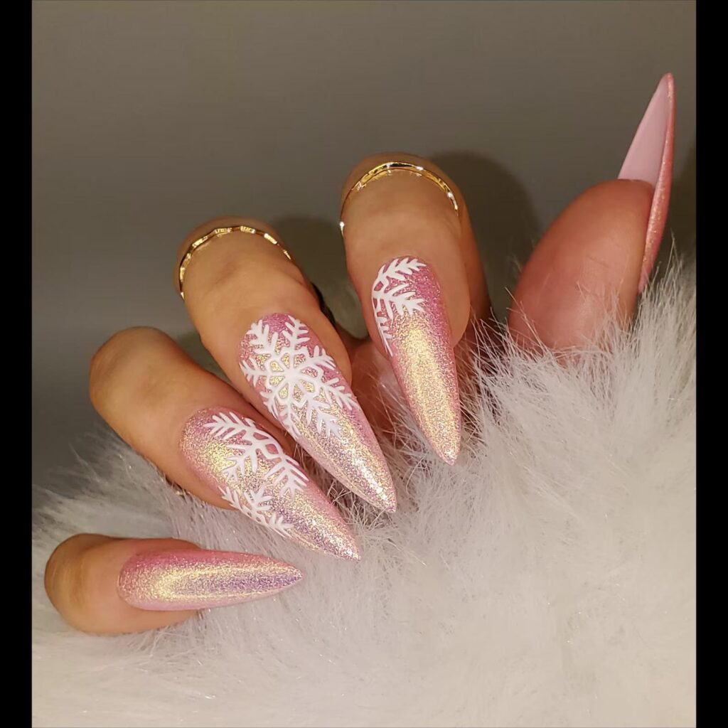 pink snowflake nail design ideas
