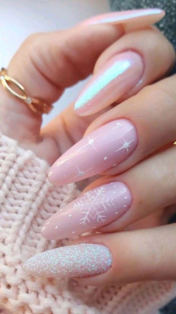 pink snowflake nail design ideas