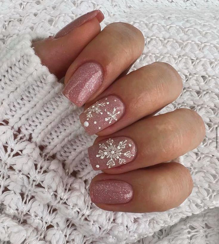 glitter pink snowflake nail design ideas