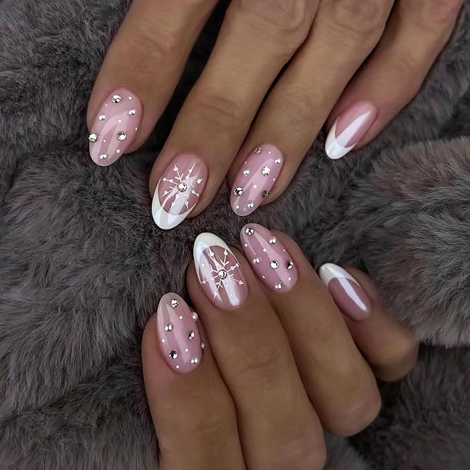 pink snowflake nail design ideas