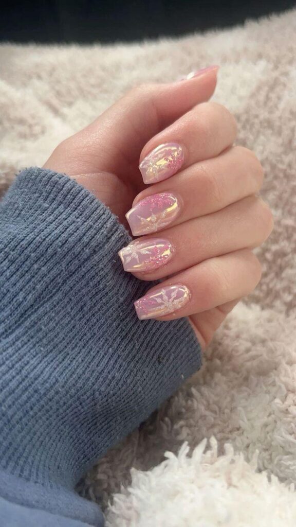 chrome pink snowflake nail design ideas