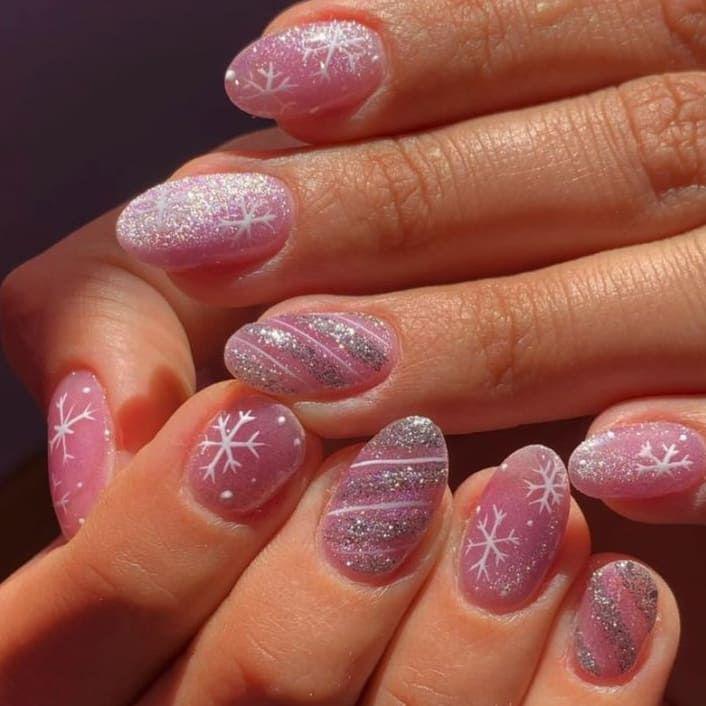 pink snowflake nail design ideas
