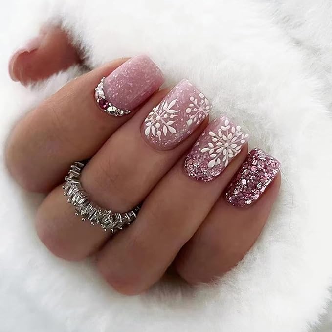 sparkly pink snowflake nail design ideas