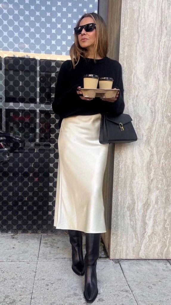 simple winter satin skirt outfits
