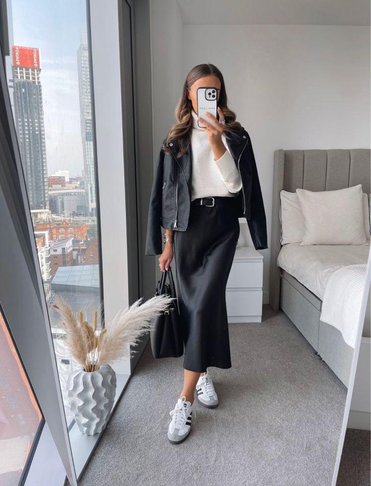 casual winter satin skirt outfits