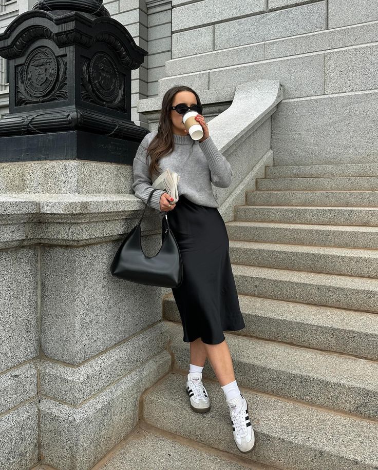 casual chic winter satin skirt outfits